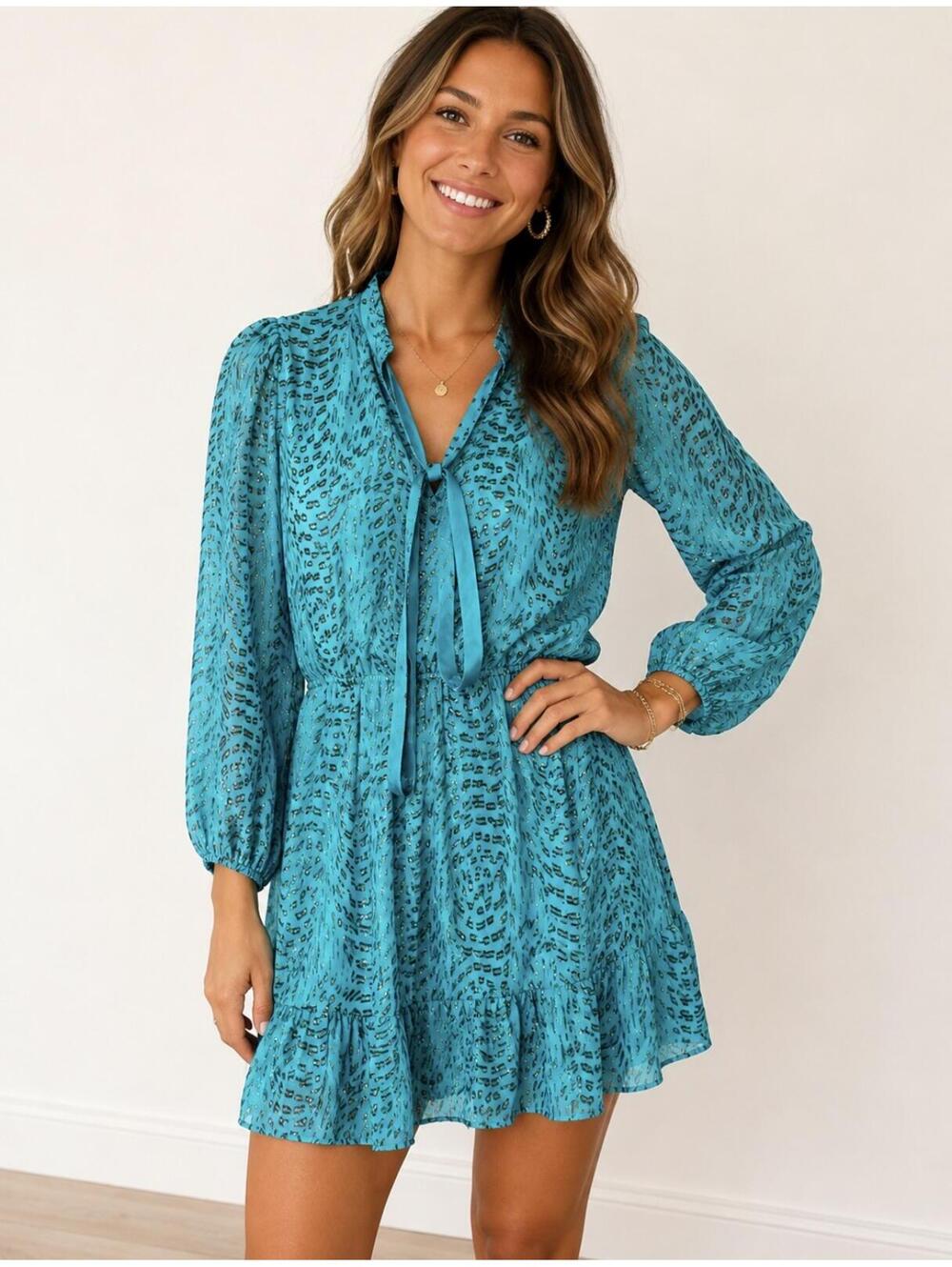 Lilly Pulitzer Aquaโ Metallic Print Tie Neck Ruffle Dress. S